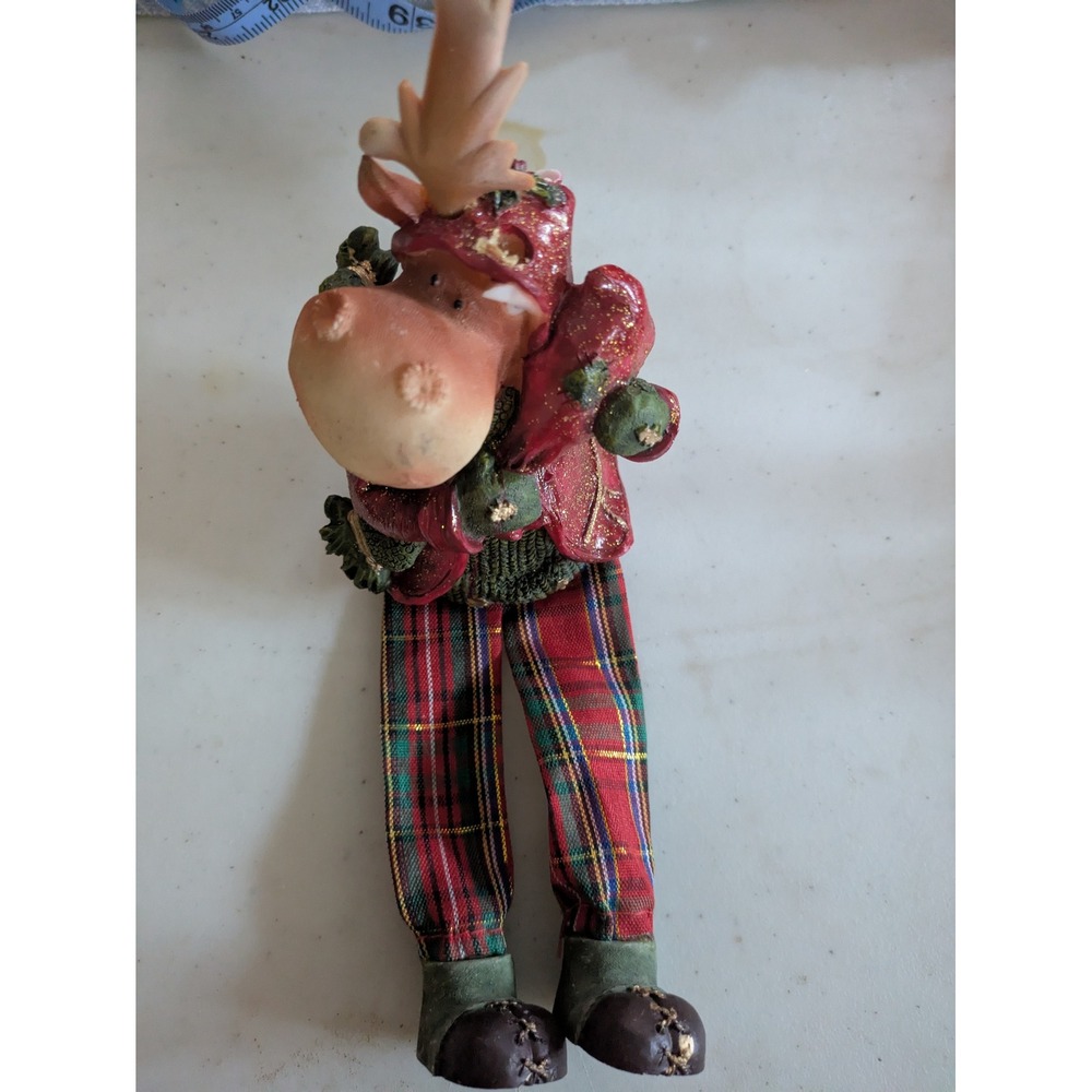 Christmas Reindeer Shelf Sitter Figurine Red Plaid Legs Rustic Holiday Decor